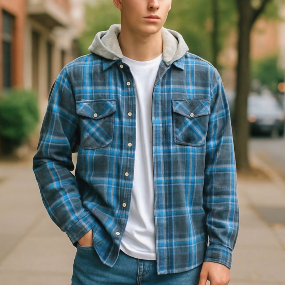 Soho Threads Plaid Corduroy Shacket Lt Blue Fleece Lined Hood Y2K Grunge Street